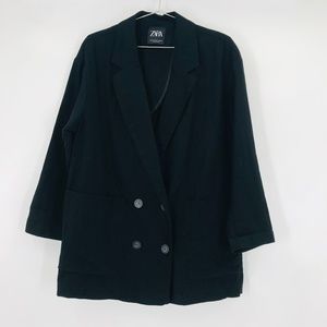 Zara Women's Linen Cotton Double Breasted Blazer Black Size Medium
